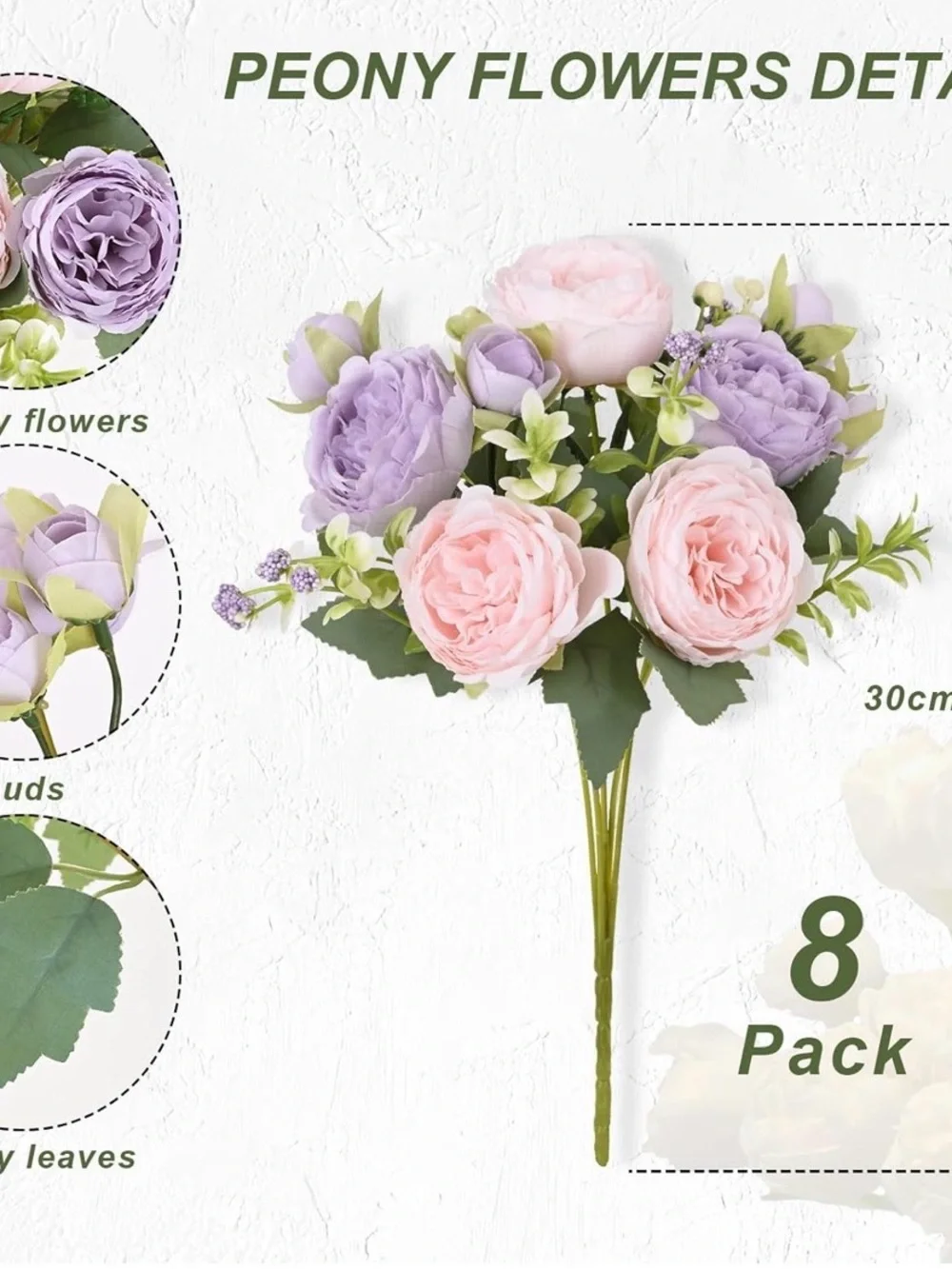 New Martine Mall Peony 8 Pack,Pink/Lavender,Faux Silk Florals,Bouquet,DIY Decor